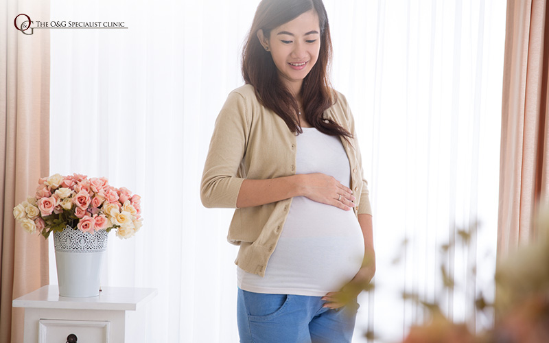 Pregnant lady holding her baby bump.